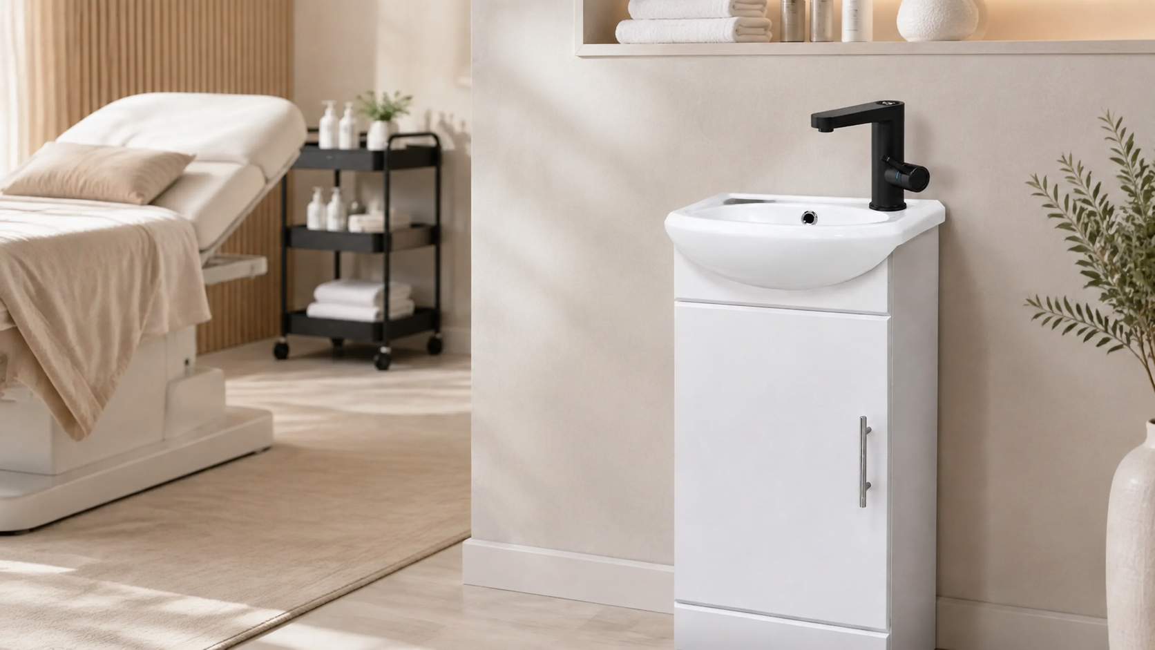 FlexiRinse white portable no-plumbing sink with black electric tap in a modern beauty salon treatment room.