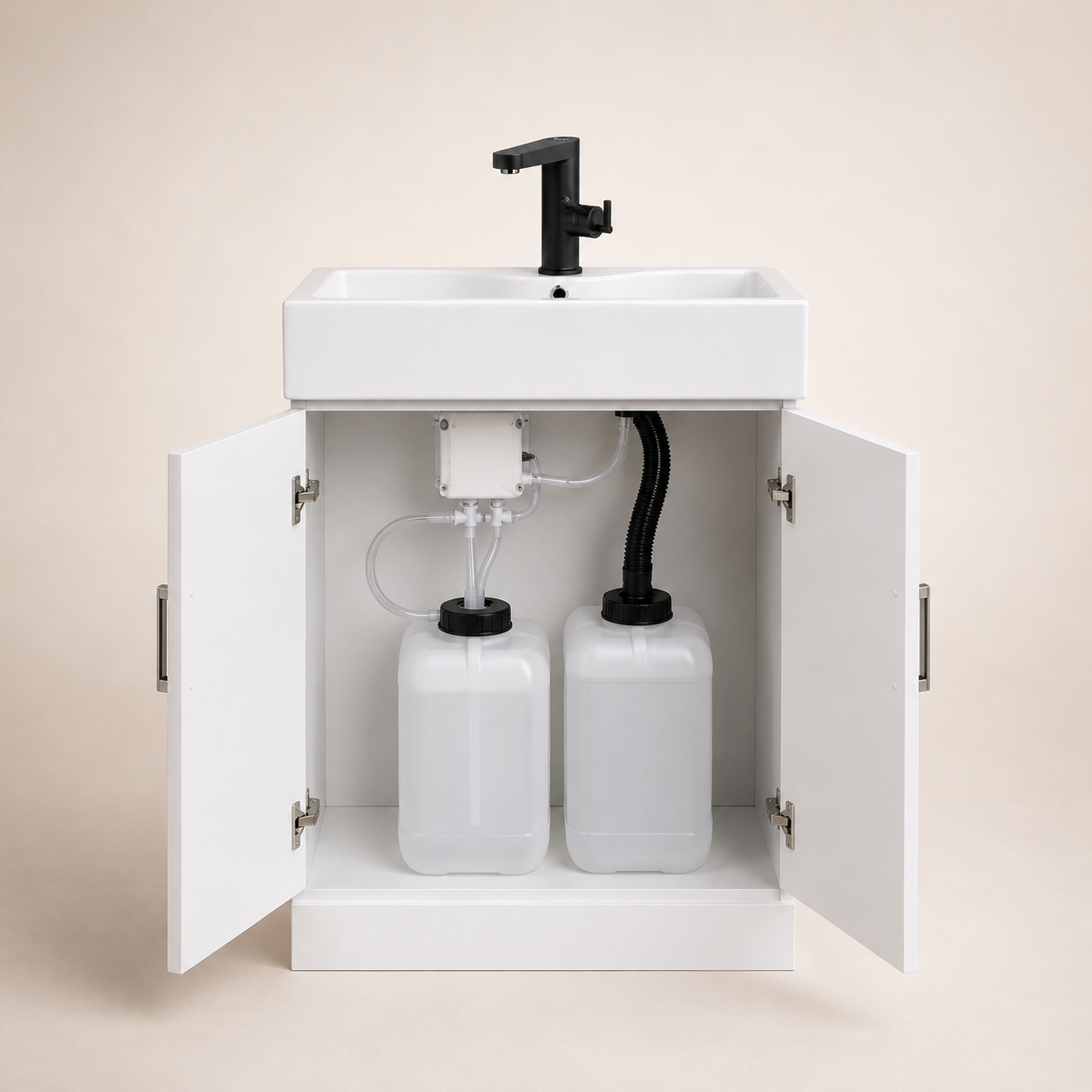 FlexiRinse portable no-plumbing sink unit with electric tap for salons, beauty rooms, caravans and workspaces.