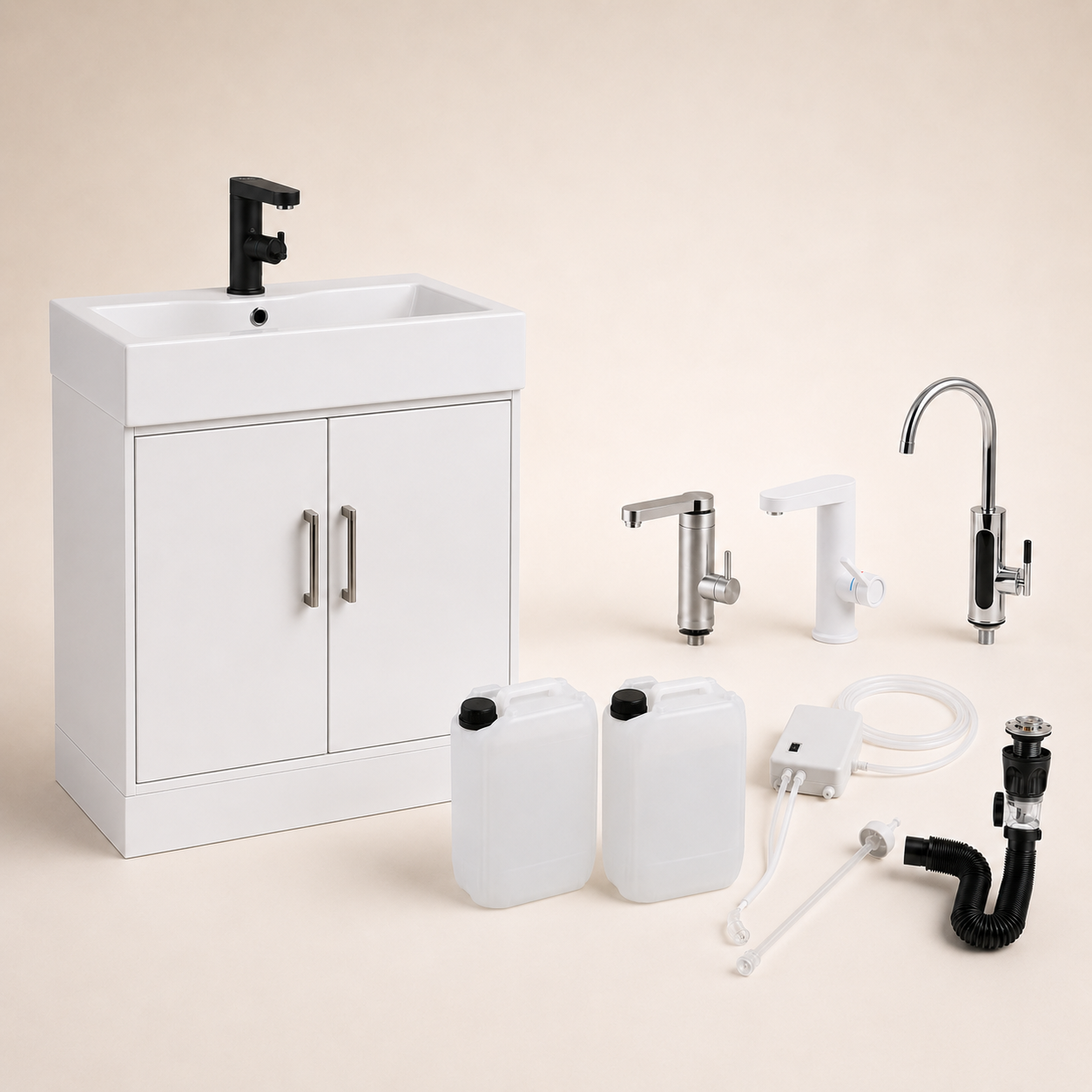 FlexiRinse complete portable sink, no-plumbing kit components, water containers, pump, waste pipe and electric tap options.
