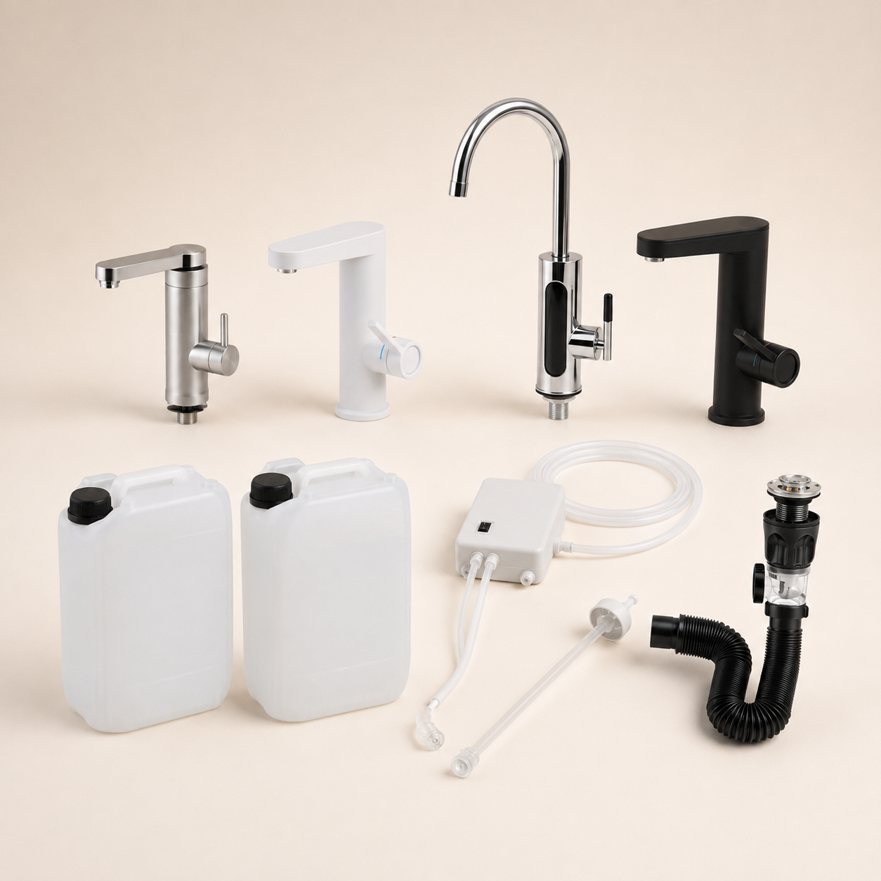FlexiRinse no-plumbing sink kit with electric tap and portable clean-water and wastewater containers.