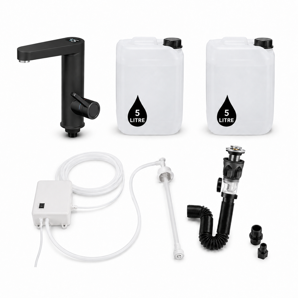 FlexiRinse Solutions 5L no-plumbing sink kit with electric tap, water pump, clean-water container and wastewater system