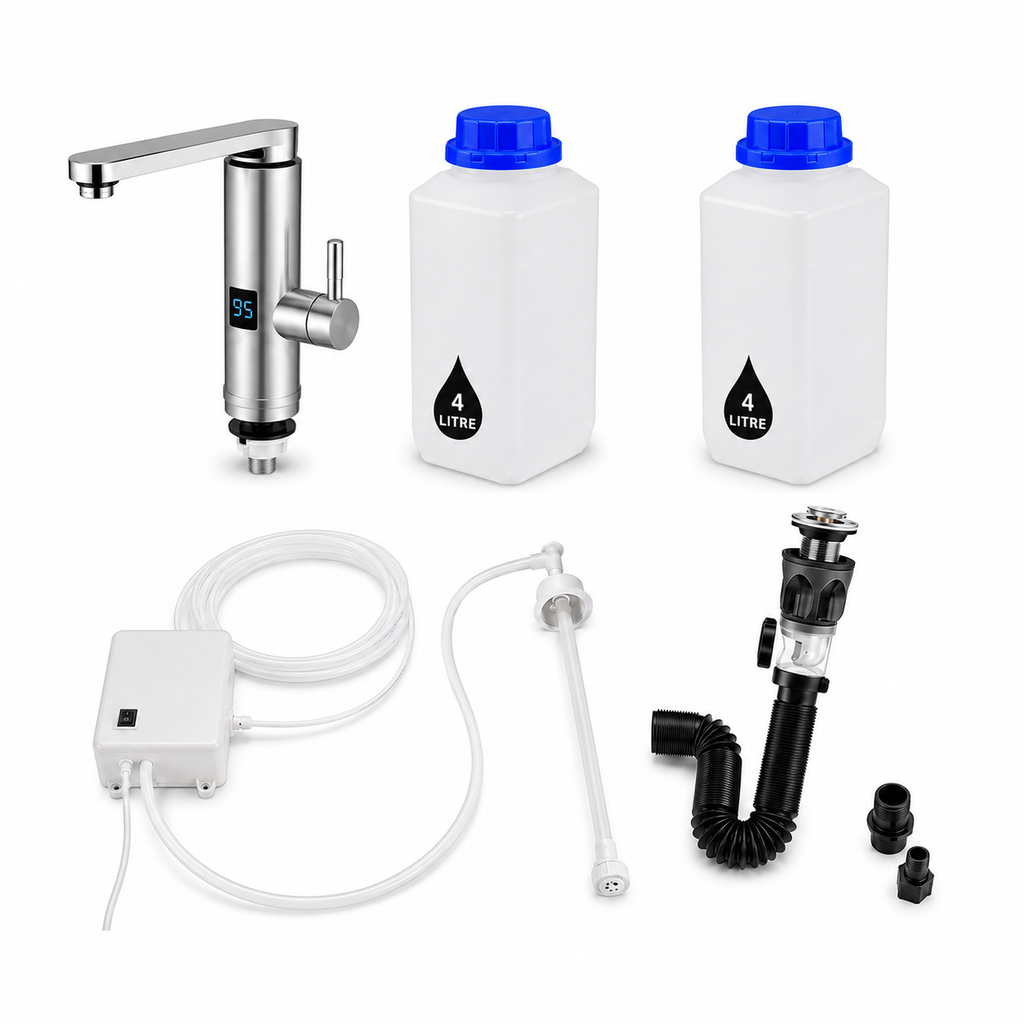 FlexiRinse Solutions 4L no-plumbing sink kit with electric tap, water pump, clean-water container and wastewater system