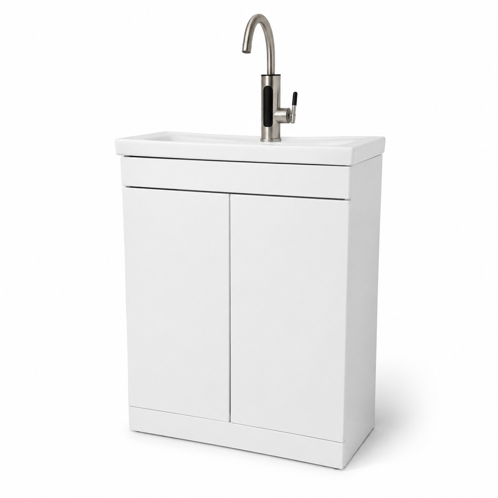 FlexiRinse Solutions 600mm two-door gloss no-plumbing sink with fitted basin, electric tap and complete 10L water system