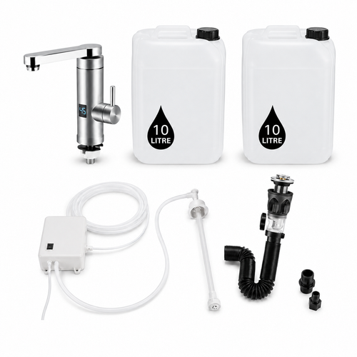 FlexiRinse Solutions 10L no-plumbing sink kit with electric tap, water pump, clean-water container and wastewater system