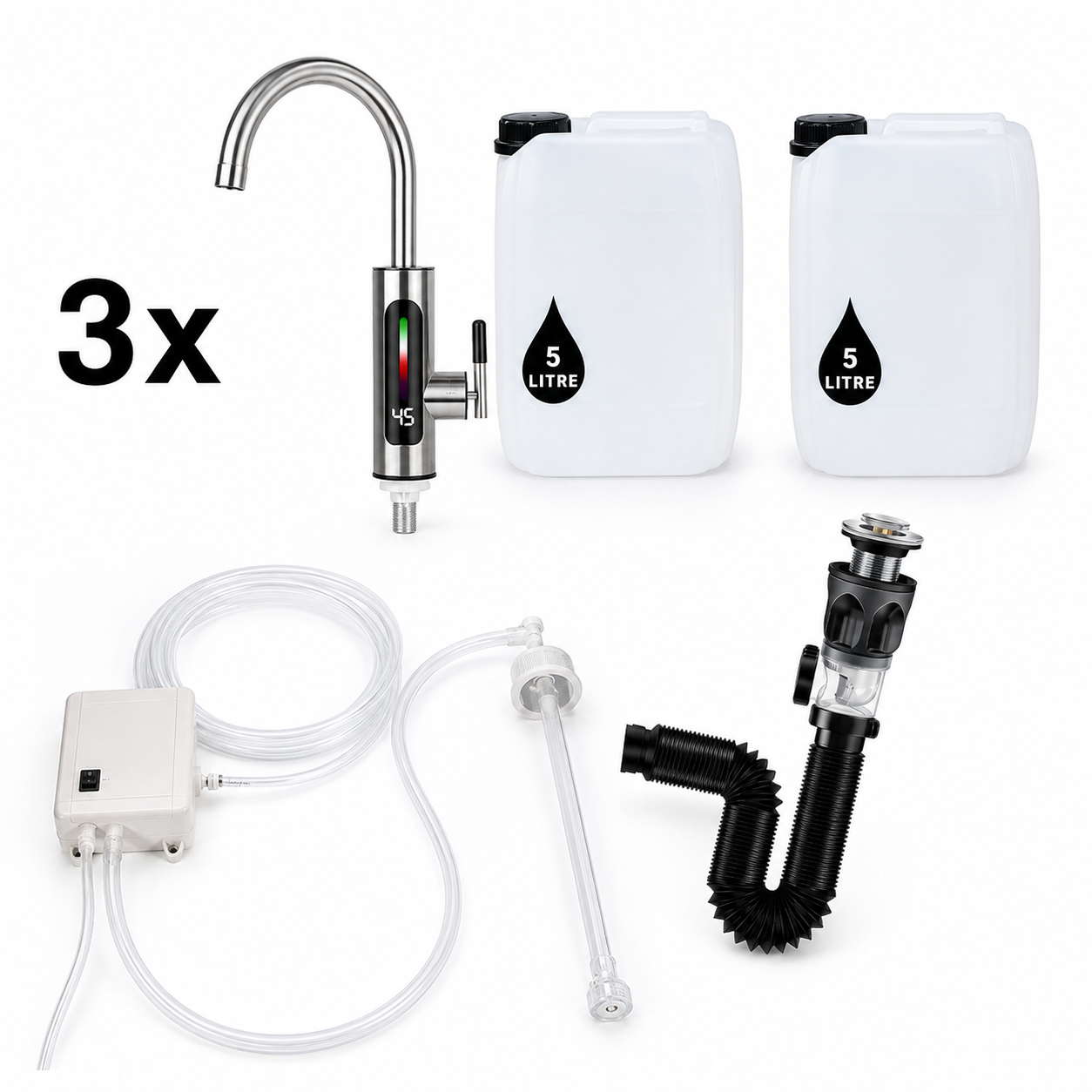 Three FlexiRinse Solutions 5L no-plumbing sink kits with electric taps, water containers and waste systems