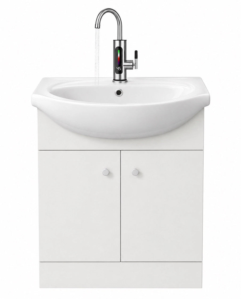 FlexiRinse Solutions 650mm upgraded two-door no-plumbing sink with round basin, electric tap and round cabinet handles