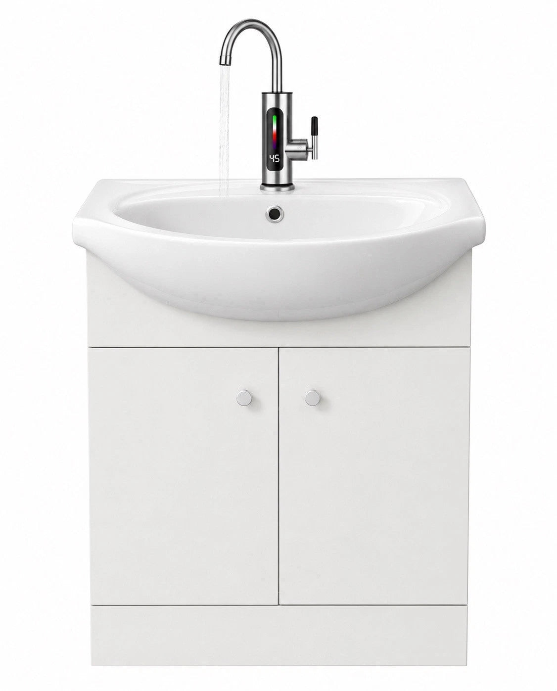 FlexiRinse Solutions 650mm upgraded two-door no-plumbing sink with round basin, electric tap and round cabinet handles
